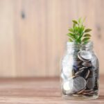 a glass jar filled with coins and a plant